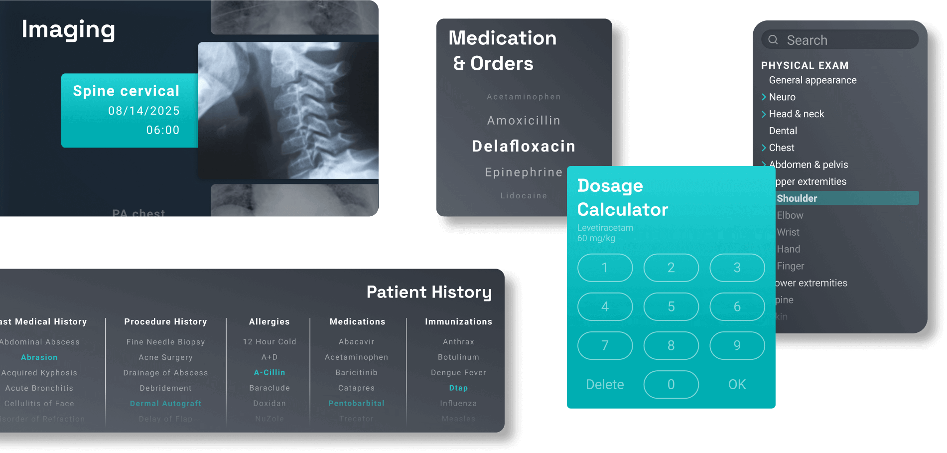 Medical dashboard interface displaying patient info, X-ray, medication list, dosage calculator, and search panel. The design is sleek and organized.