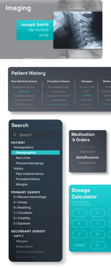 Medical dashboard interface displaying patient info, X-ray, medication list, dosage calculator, and search panel. The design is sleek and organized.
