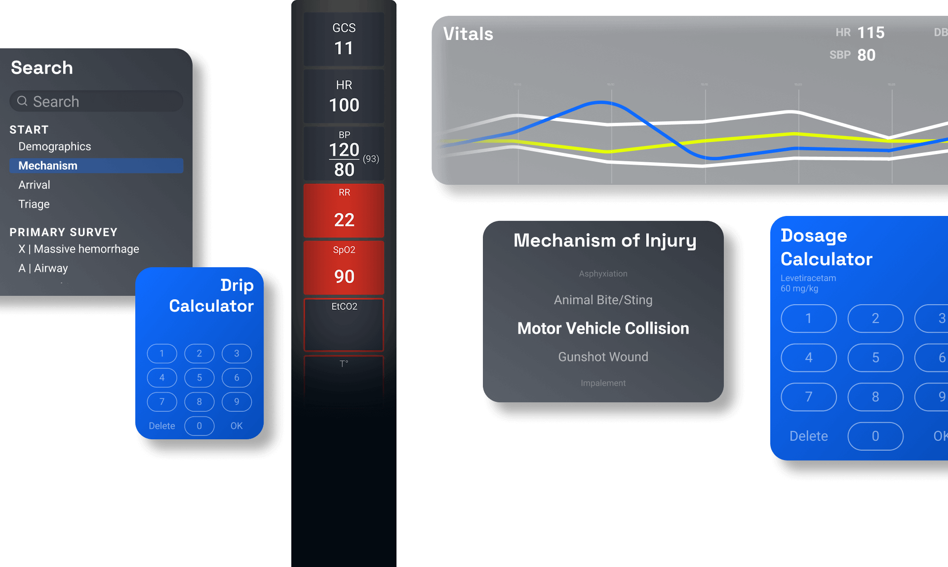 A digital medical dashboard displays patient vitals, injury mechanisms, dosage and drip calculators, and a search menu on a dark background.