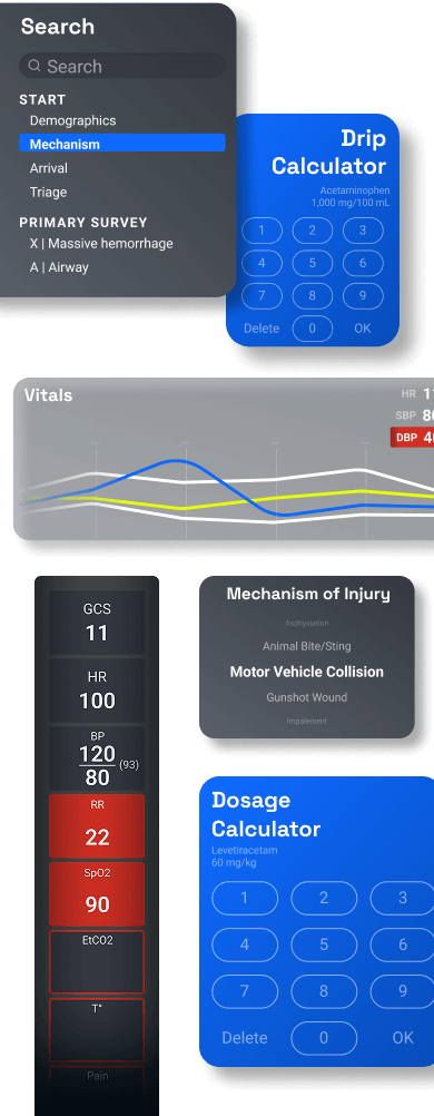 A digital medical dashboard displays patient vitals, injury mechanisms, dosage and drip calculators, and a search menu on a dark background.